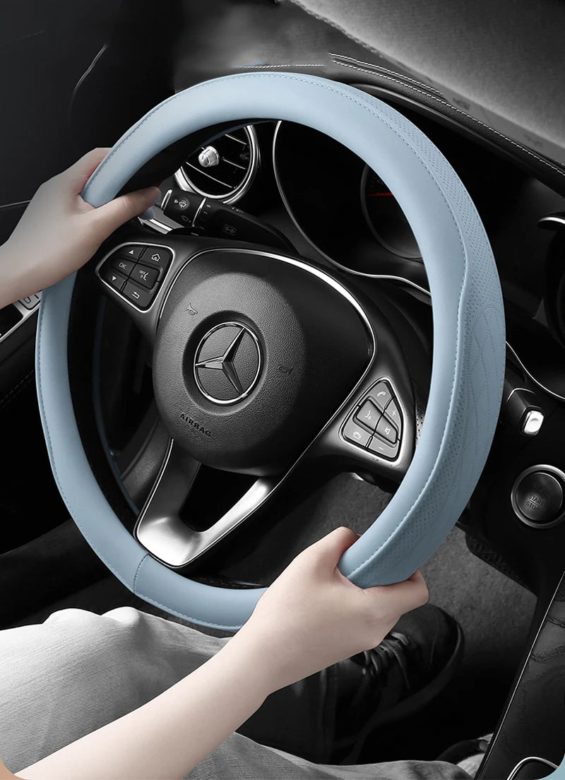 38 cm Universal Stitched Leather Steering Wheel Cover - Anti-Slip