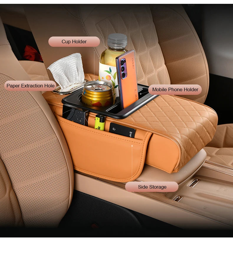 Universal Leather Car Armrest Cover With Storage Box and Cushion Mat