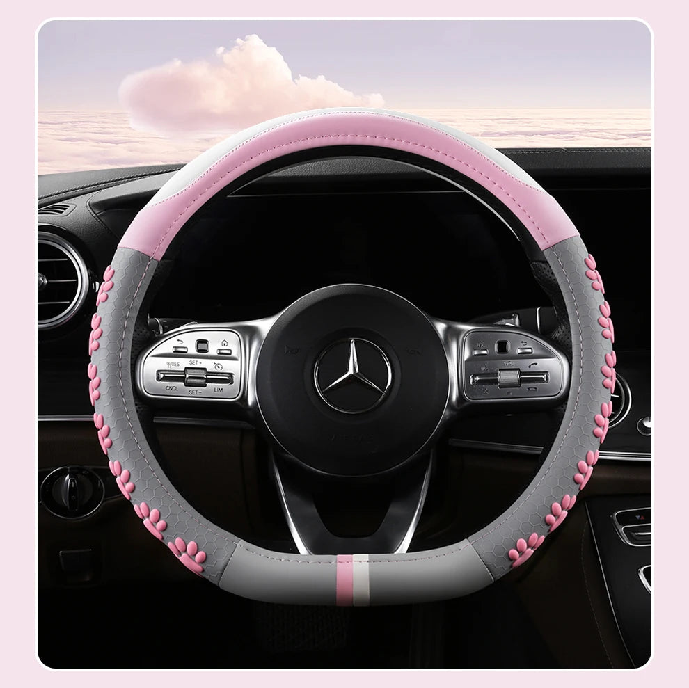 38 cm Anti-Slip Pink Cat Claws Leather Steering Wheel Cover
