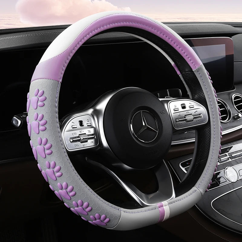 38 cm Anti-Slip Pink Cat Claws Leather Steering Wheel Cover
