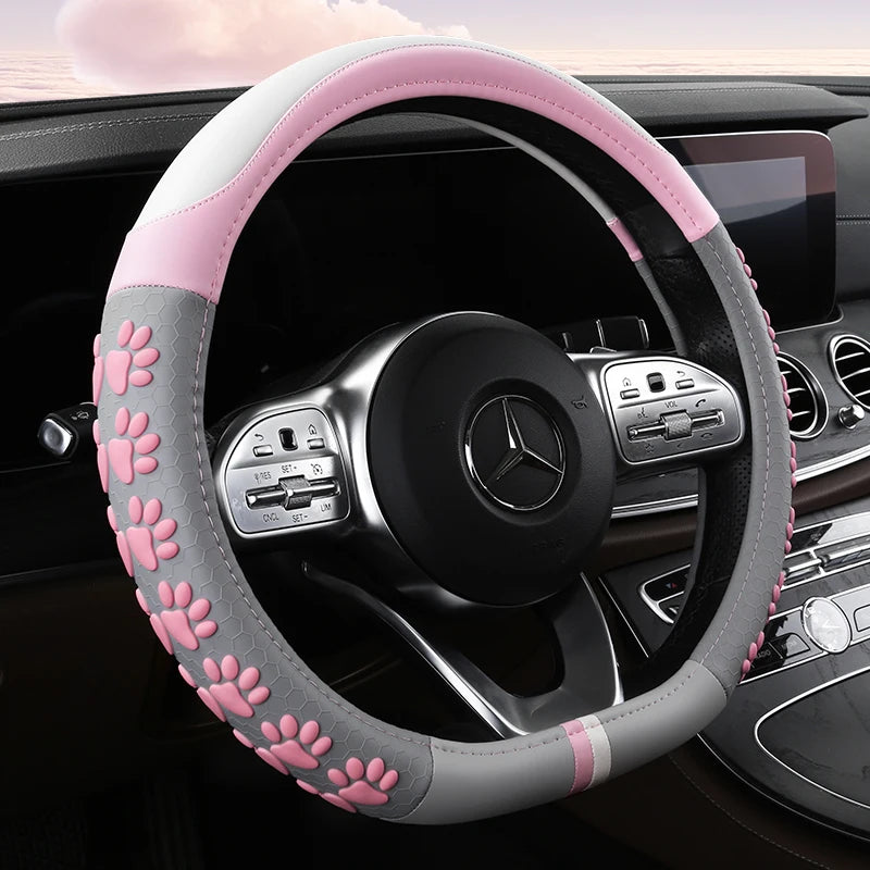 38 cm Anti-Slip Pink Cat Claws Leather Steering Wheel Cover